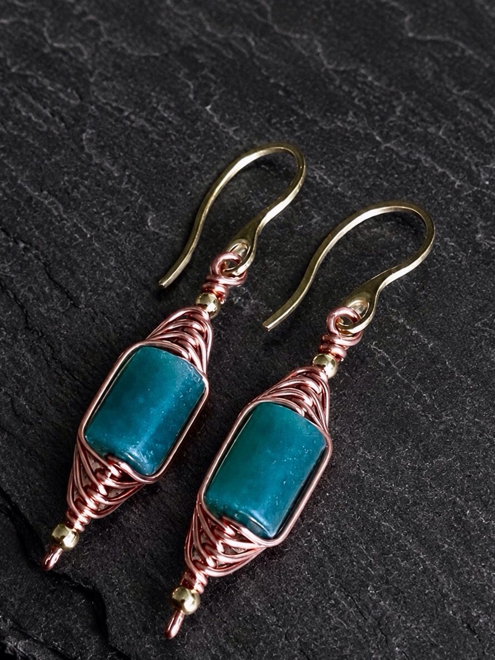 Green Aventurine Wire Wrapped Mixed Metal Dangle Earrings in Copper & Gold